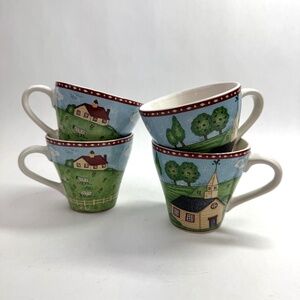 VTG 1990s Sango Green Acres Flat Cup Tea Coffee Mugs Country House Church Set/4